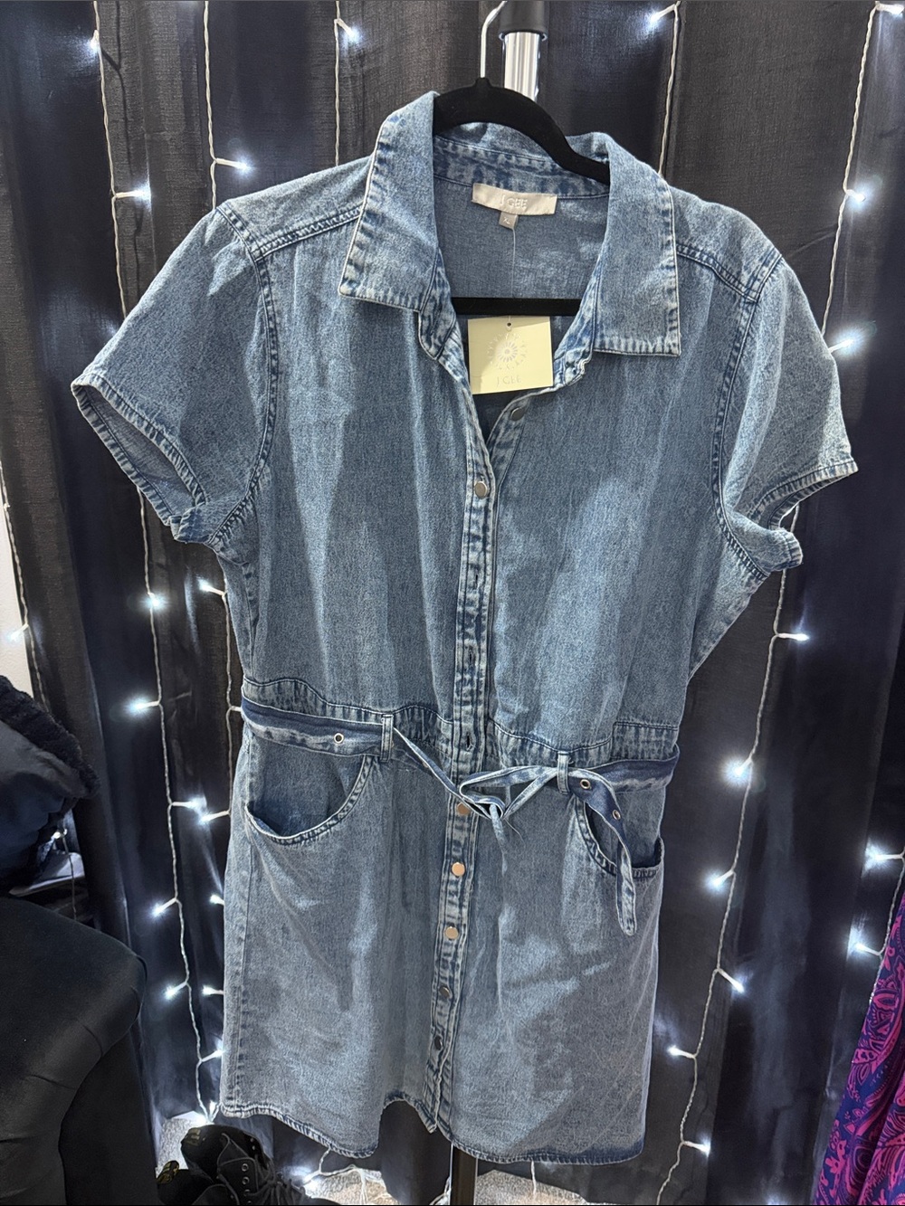 Denim Shirt Mini Dress with Tie Waist - Light Blue